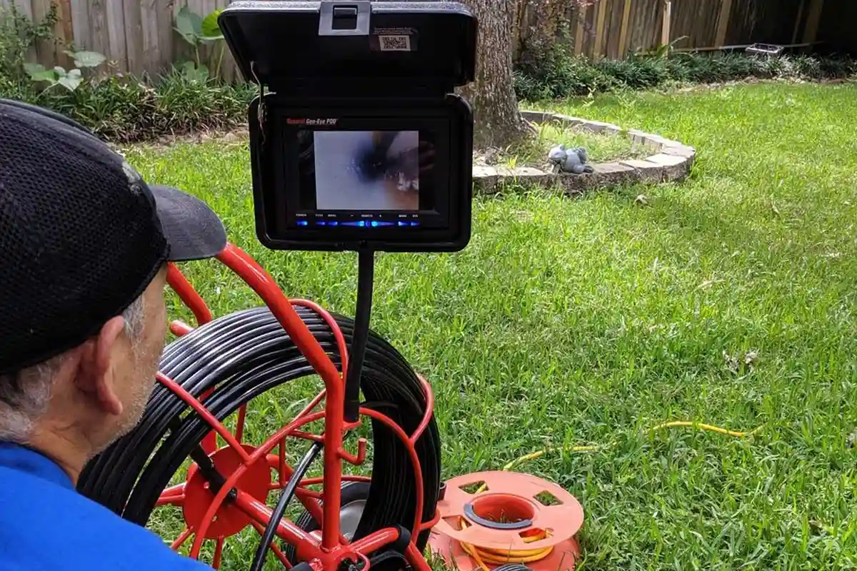 Plumber with camera inspecting sewer line.