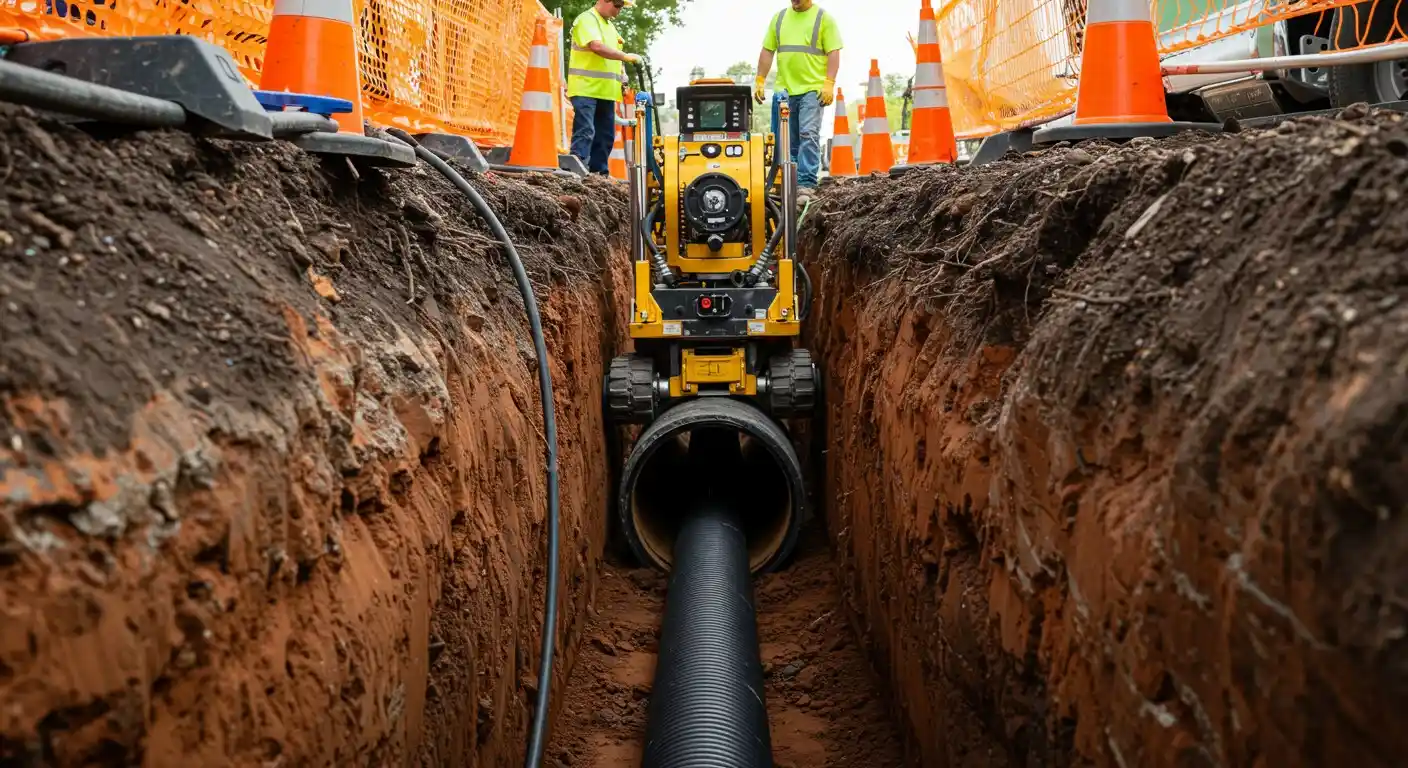Robot inspecting a buried sewer pipe.