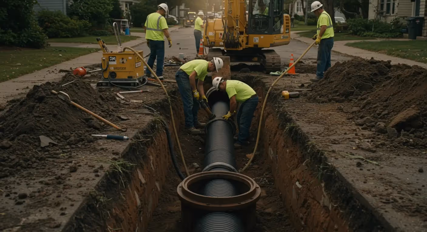Construction workers in safety gear install a large underground pipeline in a dug trench.