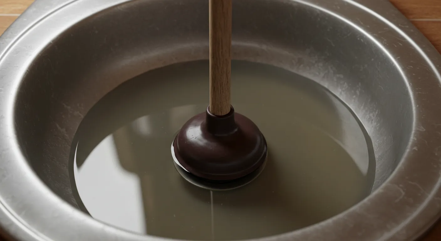 A close-up shot of a plunger with a wooden handle and a brown rubber cup submerged in cloudy, brown water in a stainless steel sink.