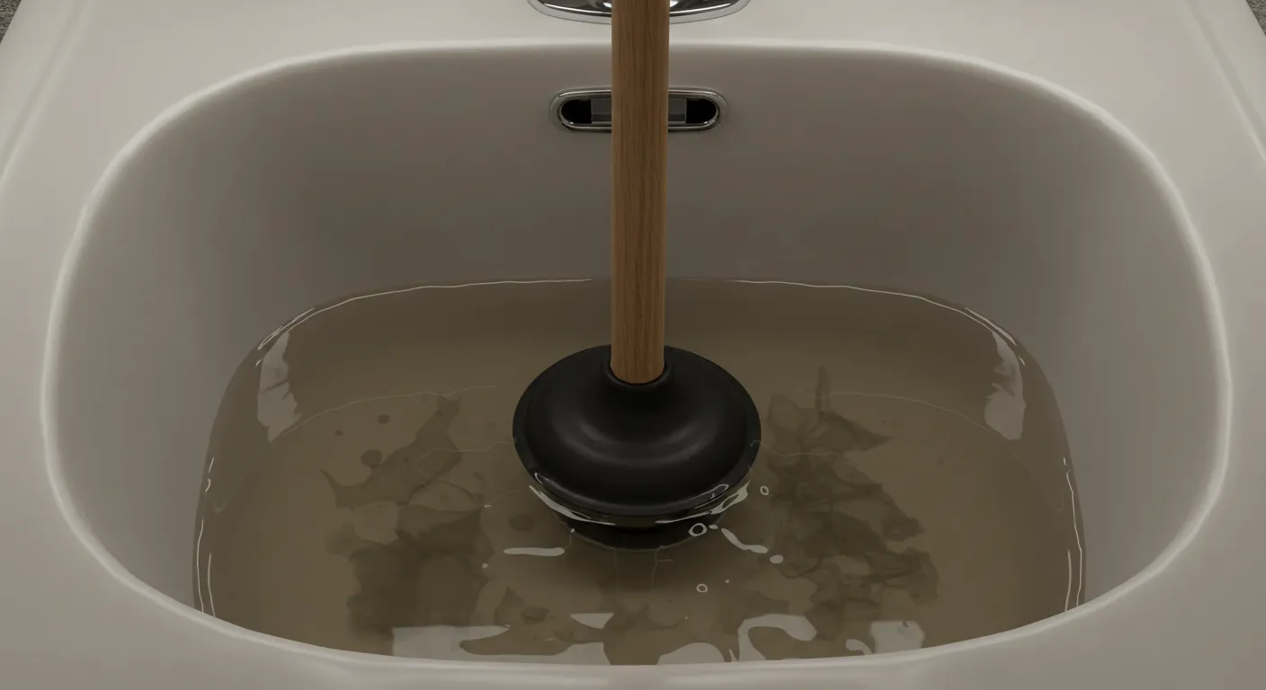 A close-up, high-angle shot of a plunger with a wooden handle and a black rubber cup submerged in cloudy, light brown water inside a white ceramic sink.