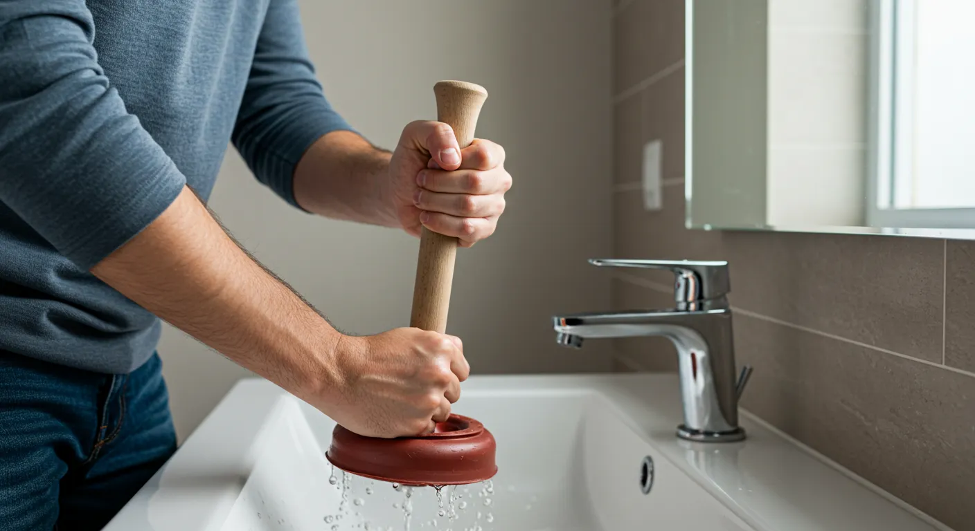 A man wearing a gray long-sleeved shirt and jeans uses a red plunger to unclog a white ceramic bathroom sink.