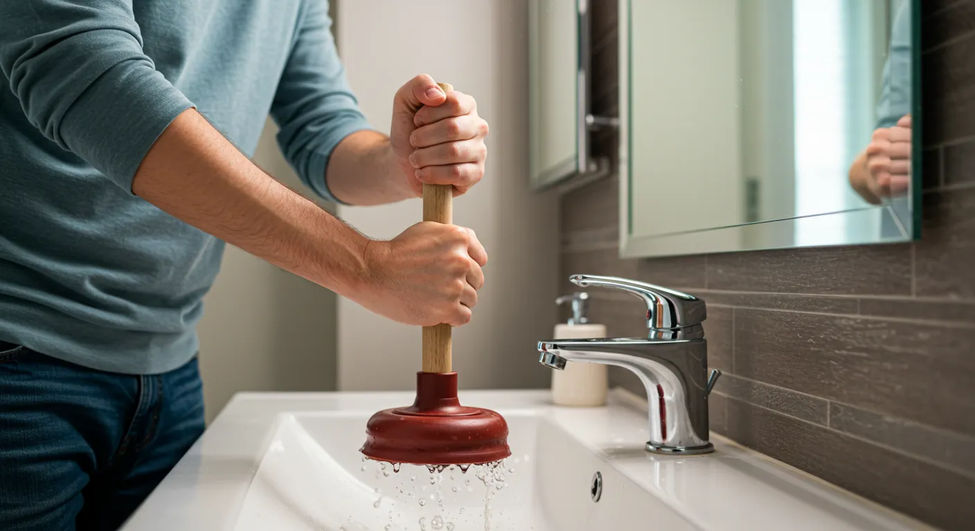 A man wearing a gray shirt and jeans lifts a red plunger from a white bathroom sink, with water dripping from the plunger.