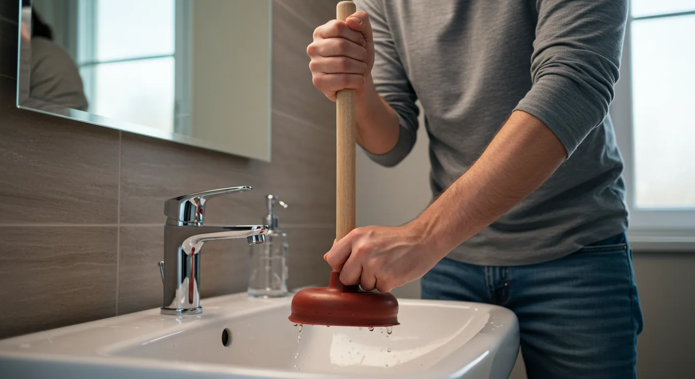 A man wearing a gray long-sleeved shirt and jeans lifts a red plunger out of a white ceramic bathroom sink, with water dripping from the plunger's cup.
