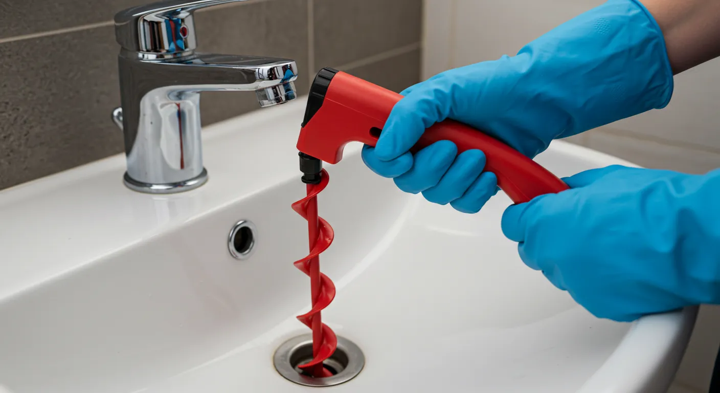 A person's hands wearing blue gloves use a red, spiral-shaped drain auger and a flexible drain snake to unclog a white bathroom sink.