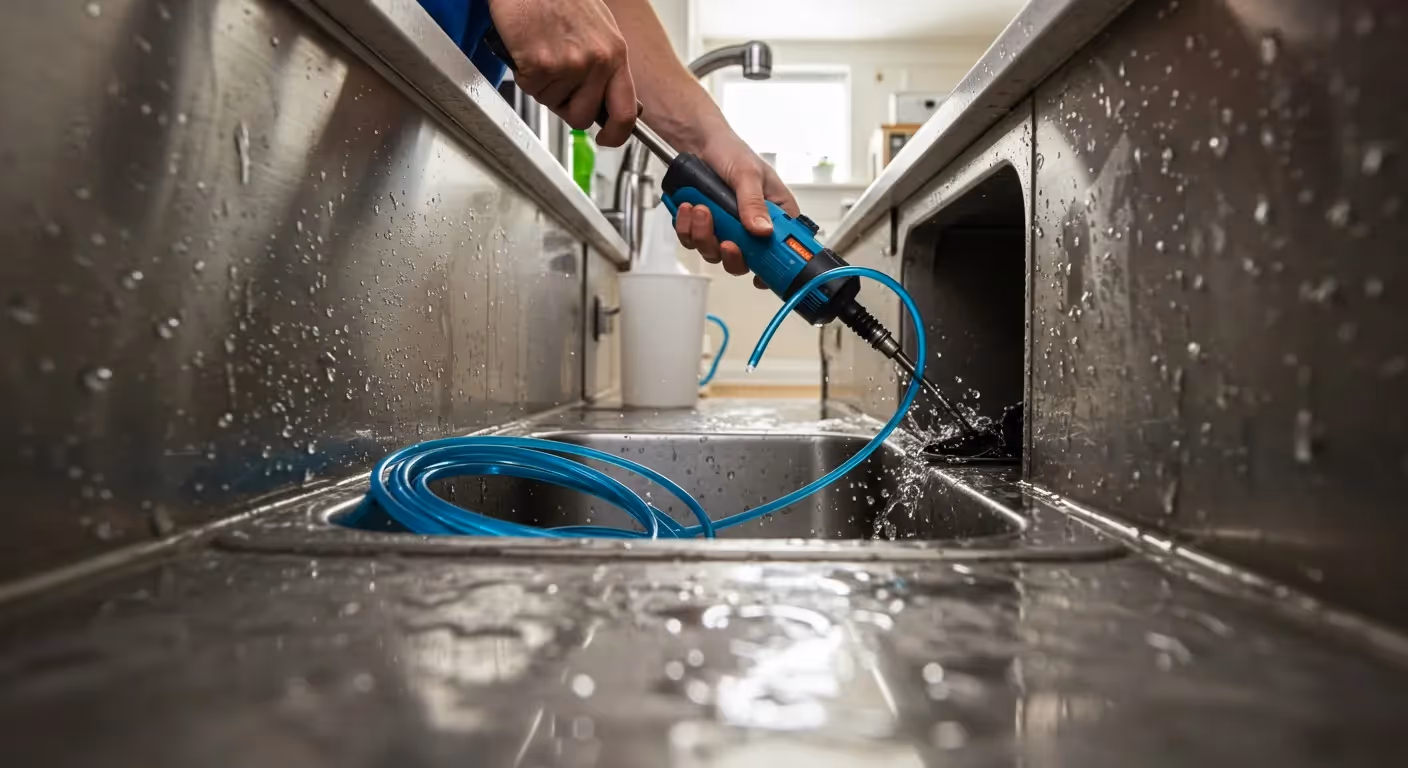 A person cleans a kitchen sink with a blue power washer, splashing water around. 
