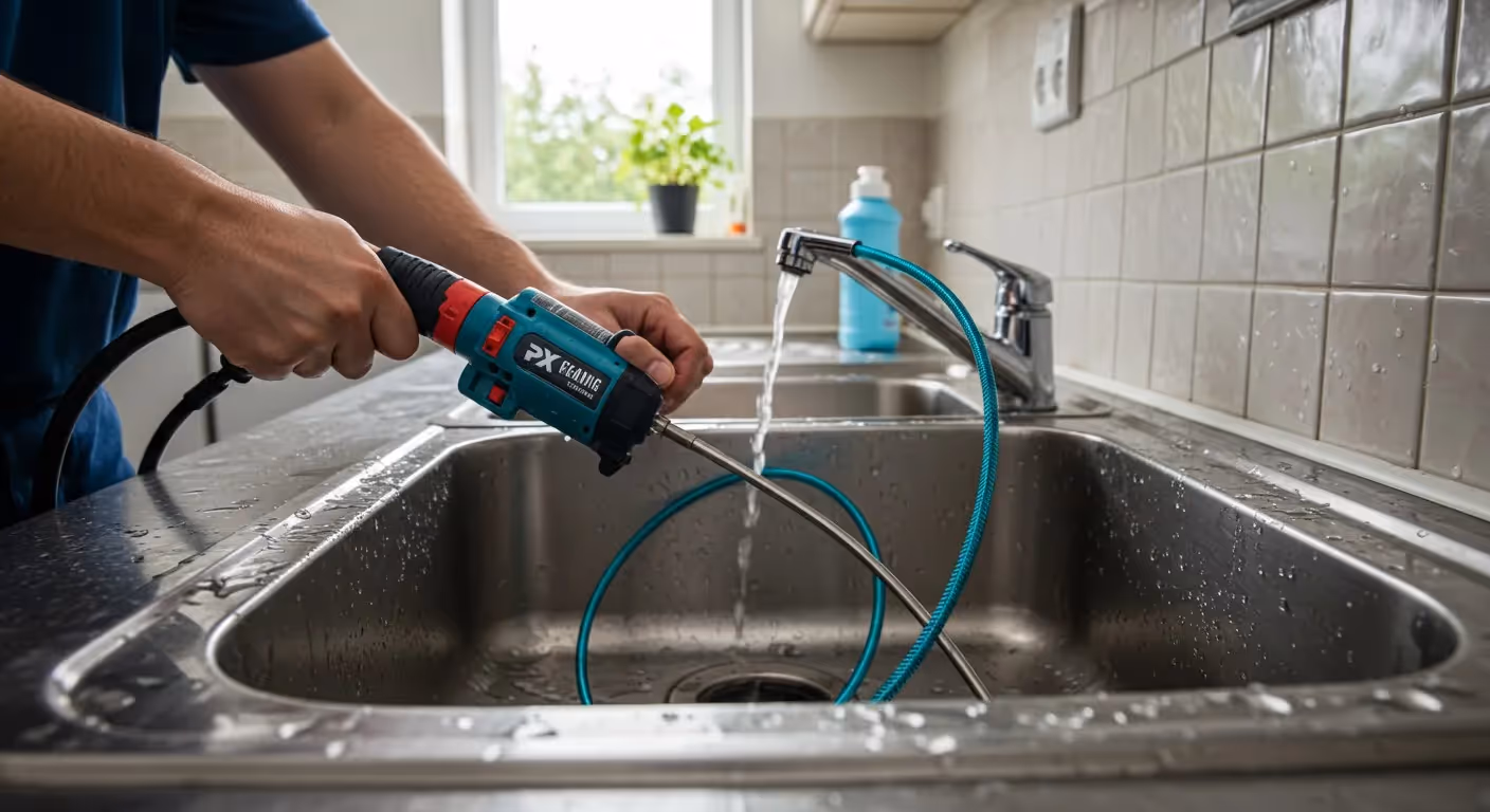 A person cleans a kitchen sink with a blue power washer. 