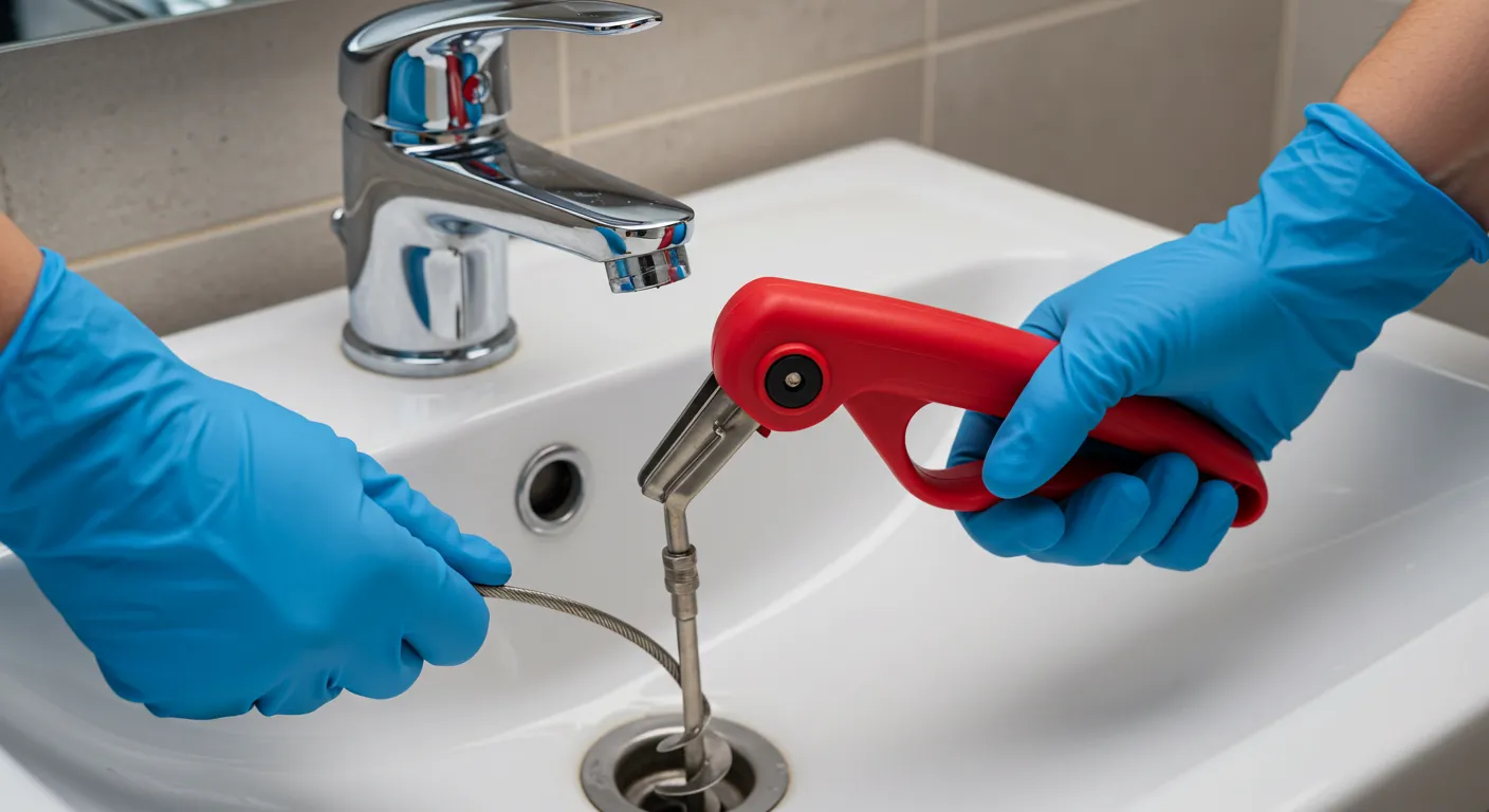 A person's hands wearing blue gloves use a red, spiral-shaped drain auger and a flexible drain snake to unclog a white bathroom sink.