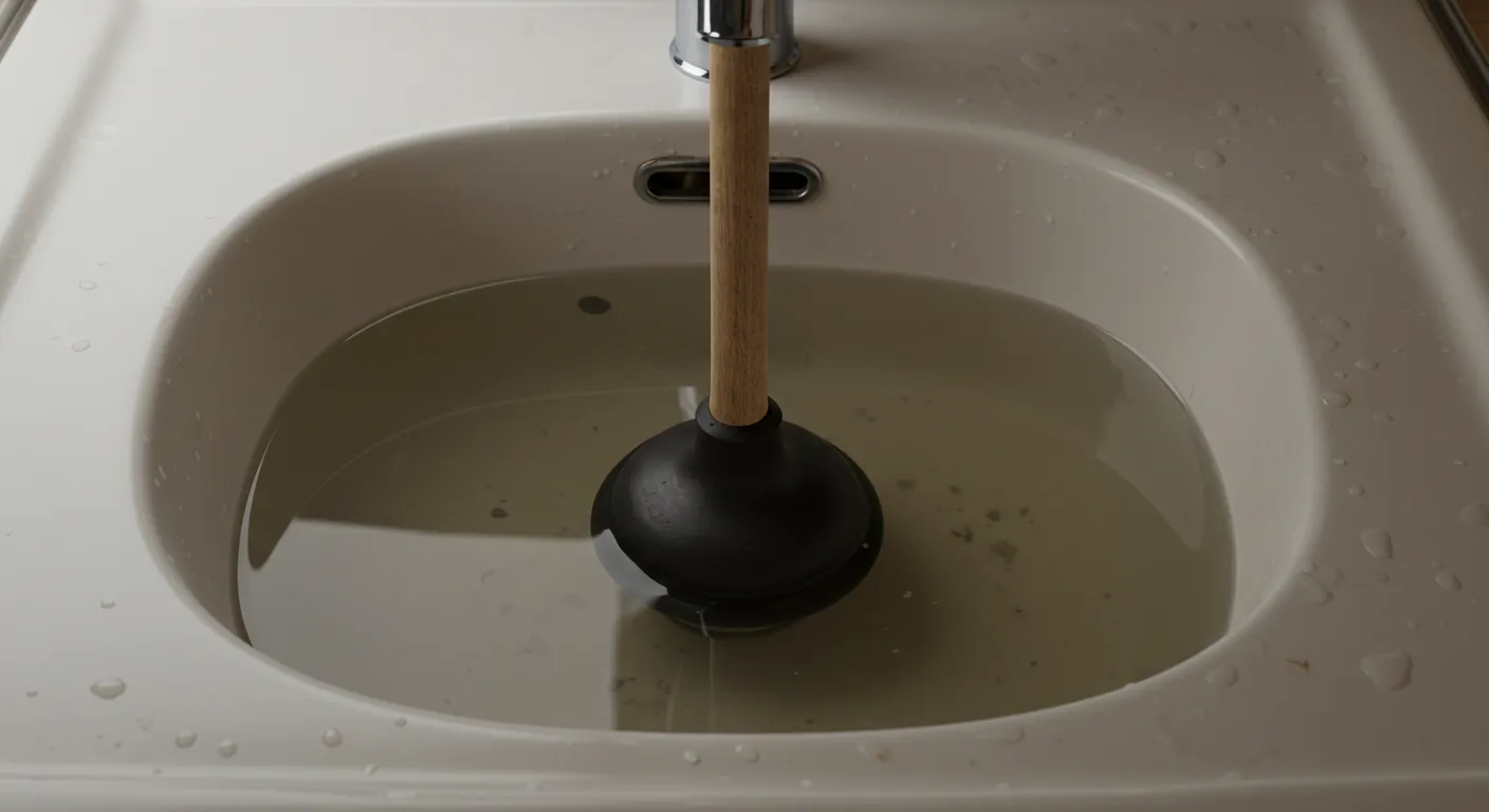 An eye-level shot of a plunger with a wooden handle and a black cup, submerged in cloudy, light brown water inside a white ceramic sink.