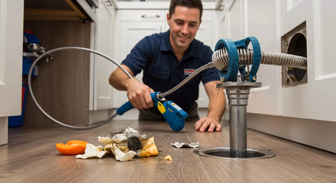 A plumber in a blue uniform uses a plumbing snake to clear a kitchen drain.