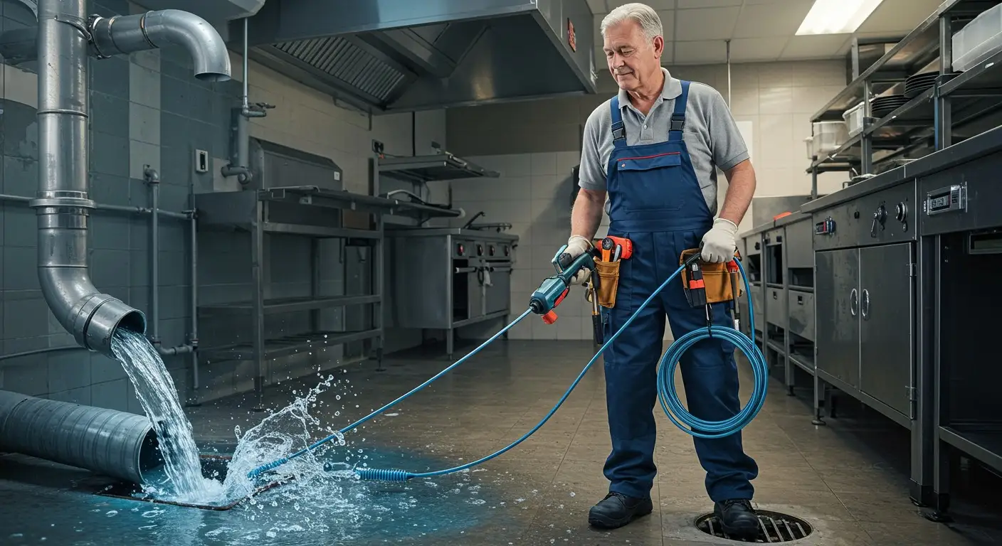 A plumber cleans a floor drain.