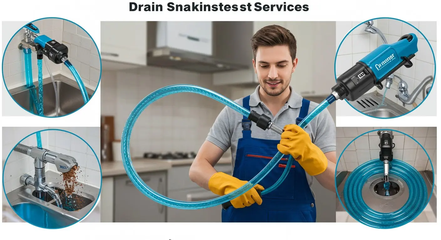 A collage of drain cleaning services.