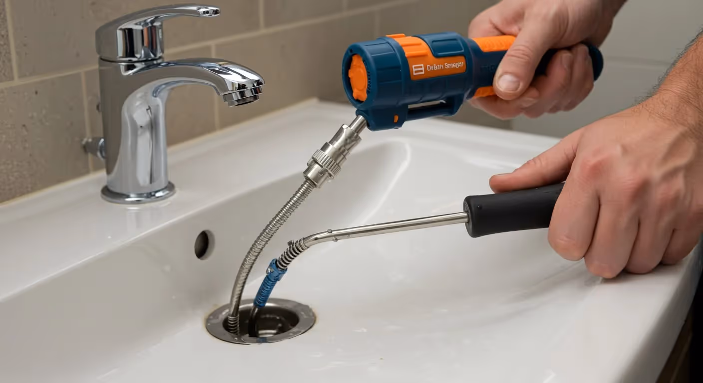 A plumber cleans a bathroom sink.