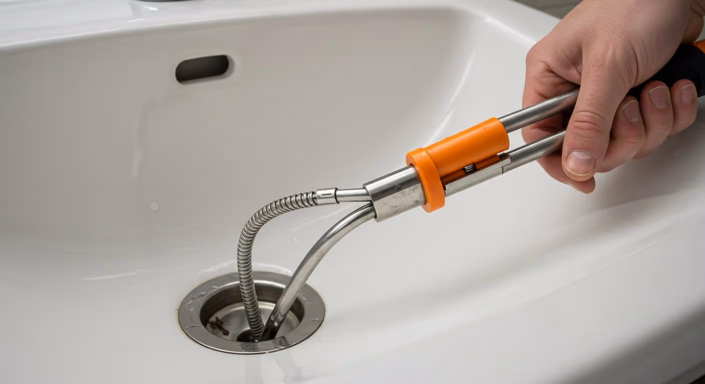 A hand using a plumbing snake with an orange handle clears a white sink's drain.