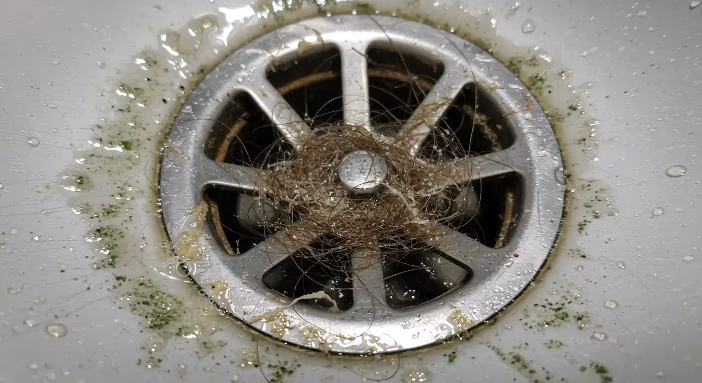 Hair in a shower floor drain.
