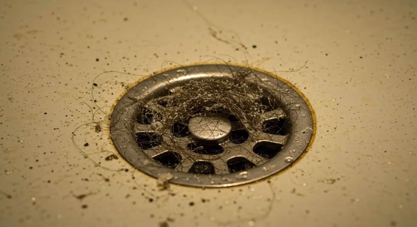 Bathroom floor drain clogged with hair and soap scum.