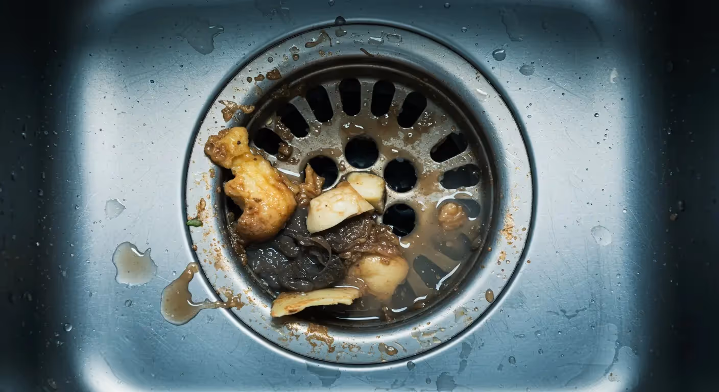 Kitchen sink drain with food waste.
