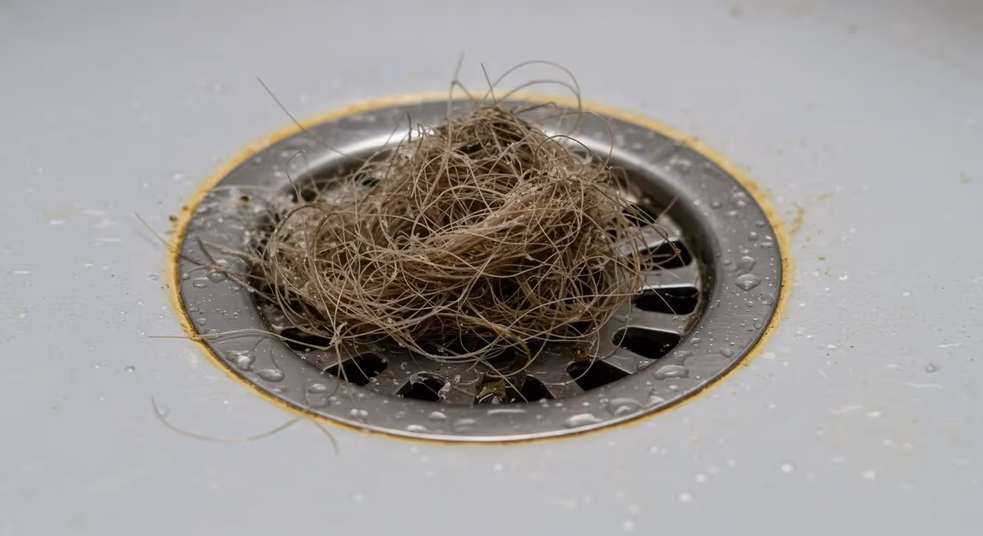 A clump of wet hair tangled over a shower drain, surrounded by a few water droplets on the gray surface