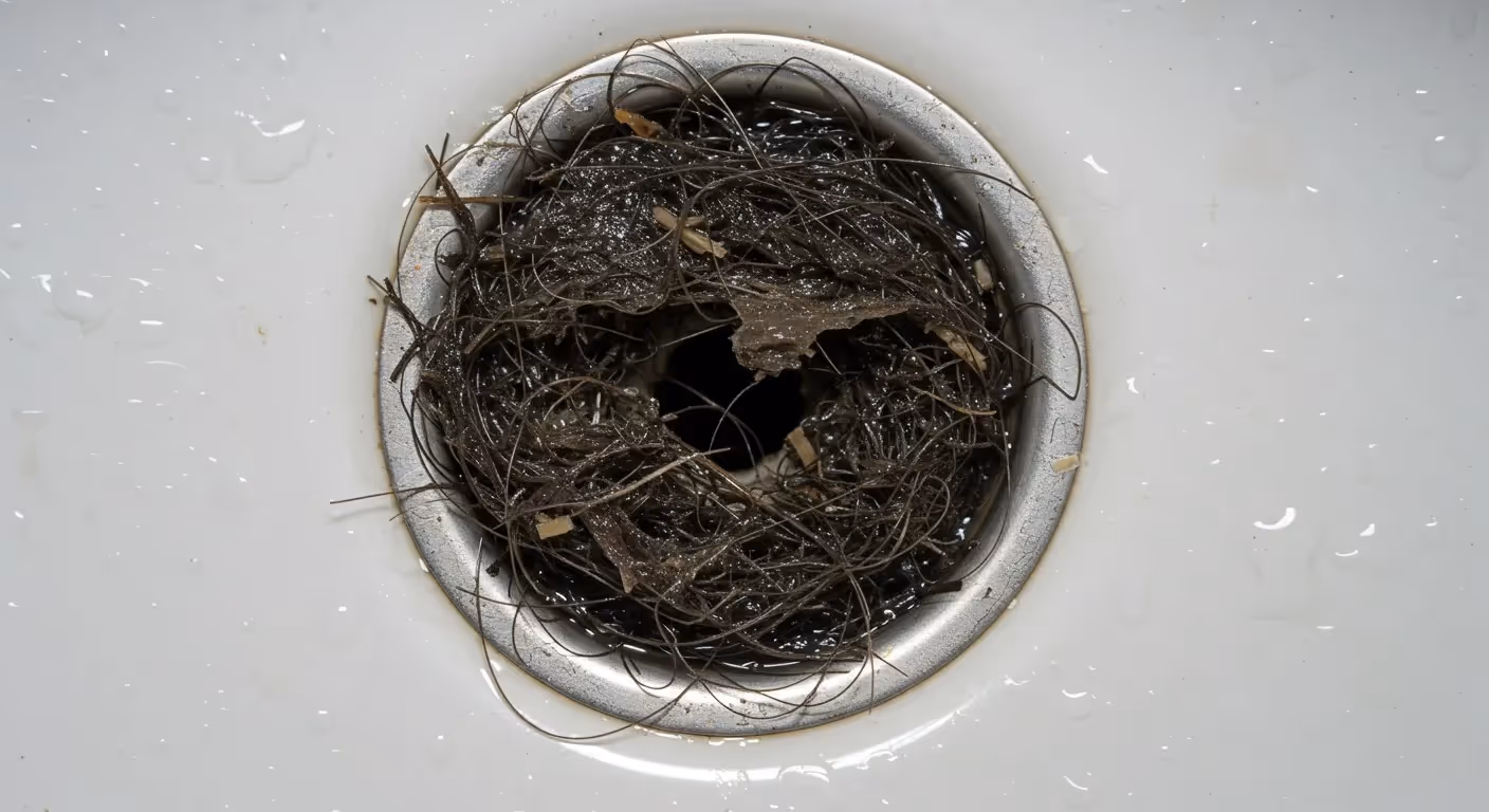 Hair and grime clogging a drain.