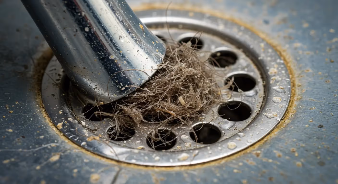 Removing hair from a clogged drain.