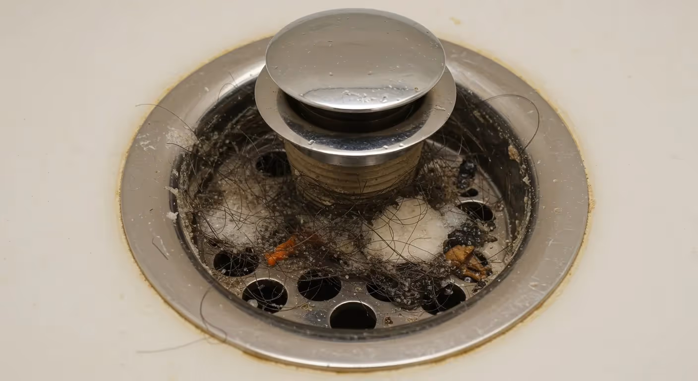 Hair clogging a bathroom sink pop-up stopper.