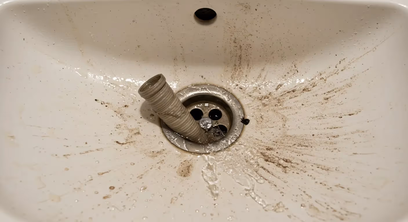 Hose cleaning a dirty sink drain.