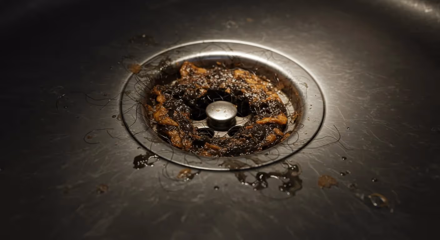 A close-up of a sink drain clogged with wet hair and debris.