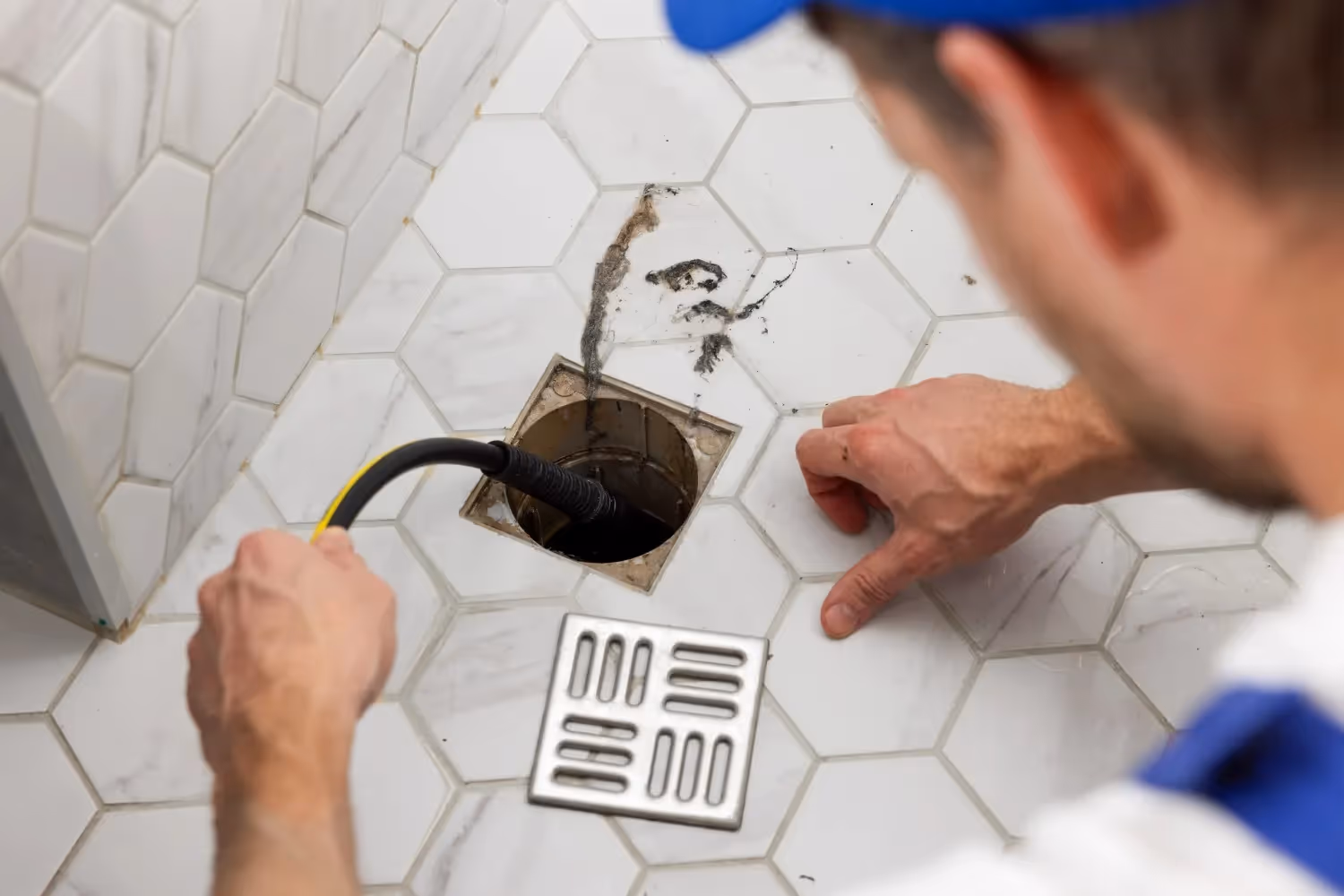 A close-up of a plumber's hands is shown, using a black and yellow hydro-jetting hose to clean a dirty square drain on a white hexagon-tiled bathroom floor, with the metal drain cover removed and lying next to it.