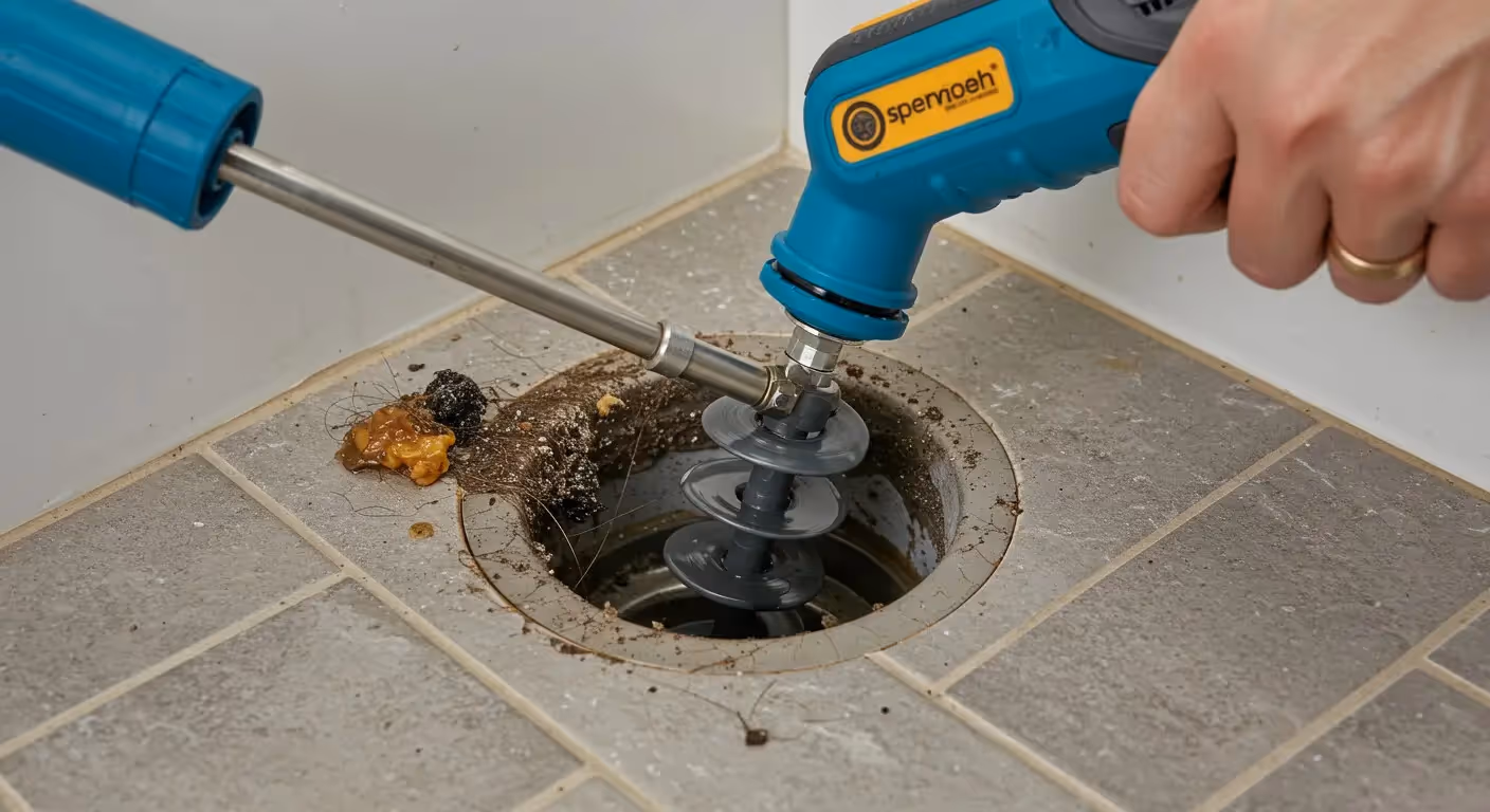 A person uses an electric drain snake to clear a clogged floor drain surrounded by grime and debris