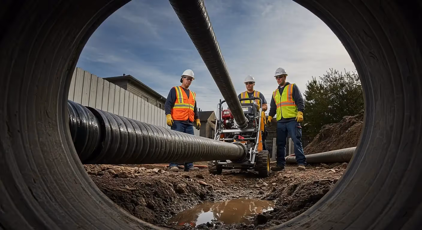 Three construction workers in safety vests and helmets operate a pipe-laying machine in a muddy trench.