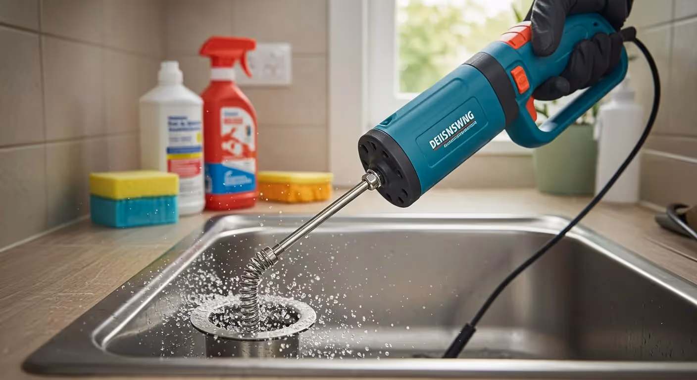 A person uses an electric drain cleaner to unclog a metal sink, with water splashing.