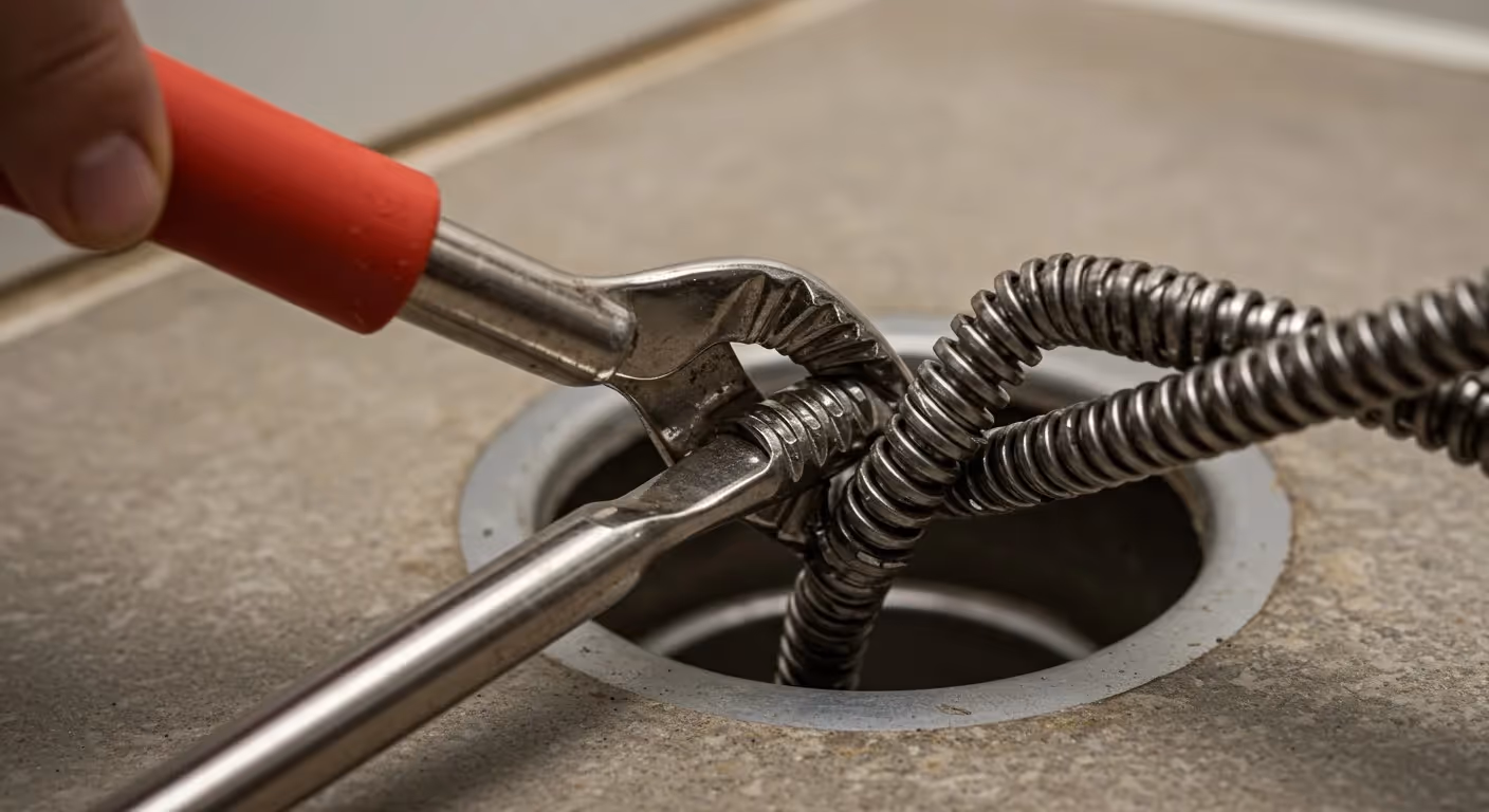 A tool gripping a drain snake.