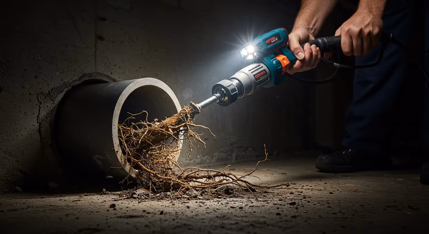 A person removing tree roots from a pipe.