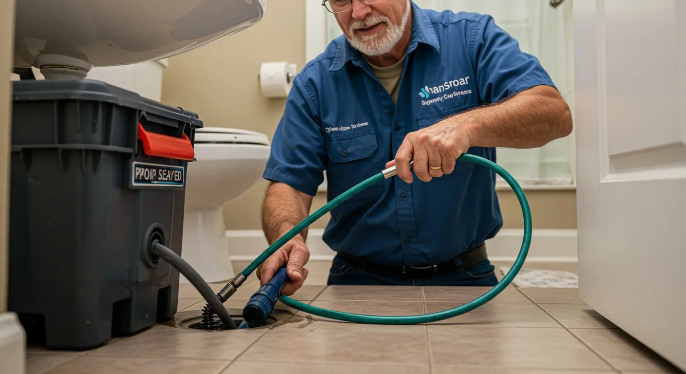 A man cleans a bathroom drain.