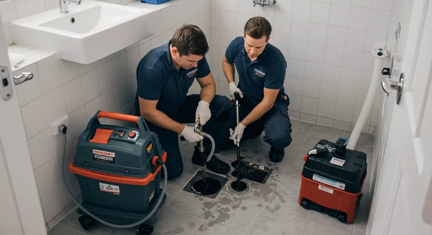Two plumbers, wearing blue uniforms and gloves, work on unclogging a floor drain in a bathroom. 