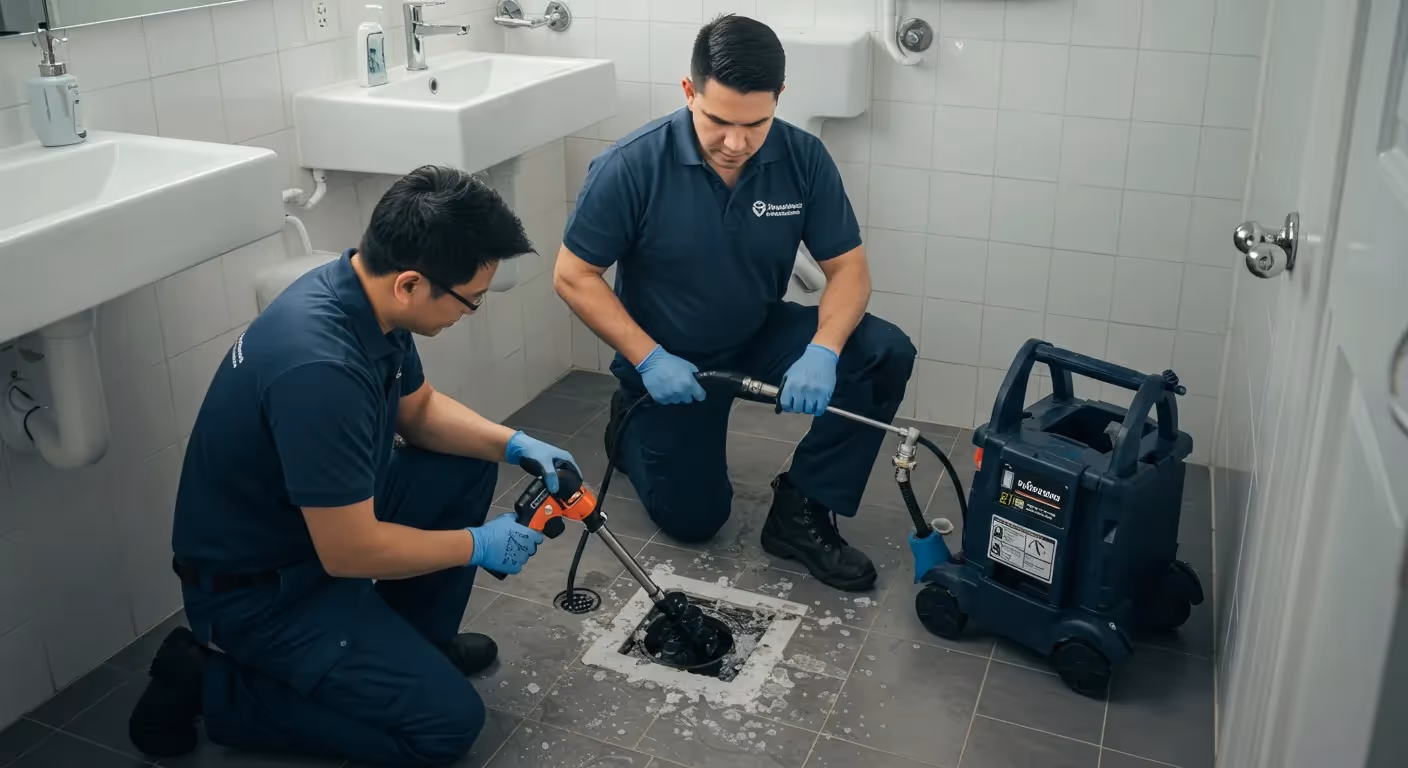 Two plumbers in blue uniforms work on unclogging a bathroom floor drain using professional equipment. 