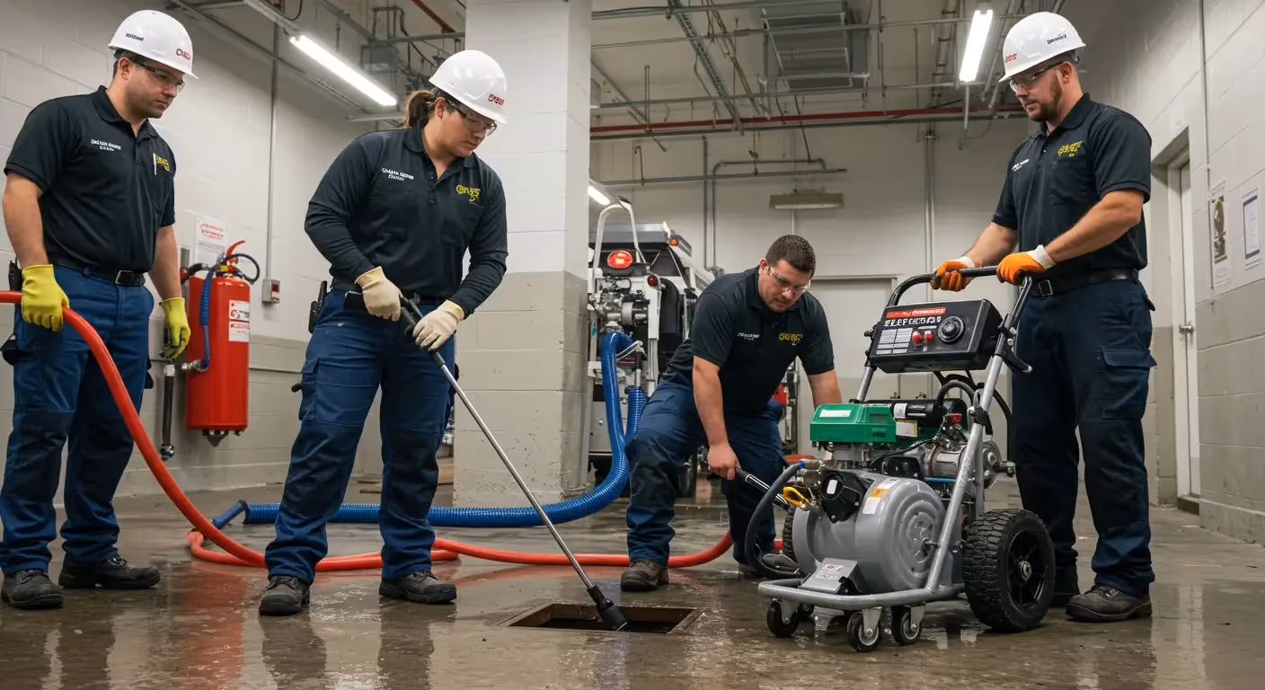 Four workers in blue uniforms operate heavy cleaning equipment in an industrial space, looking focused. 