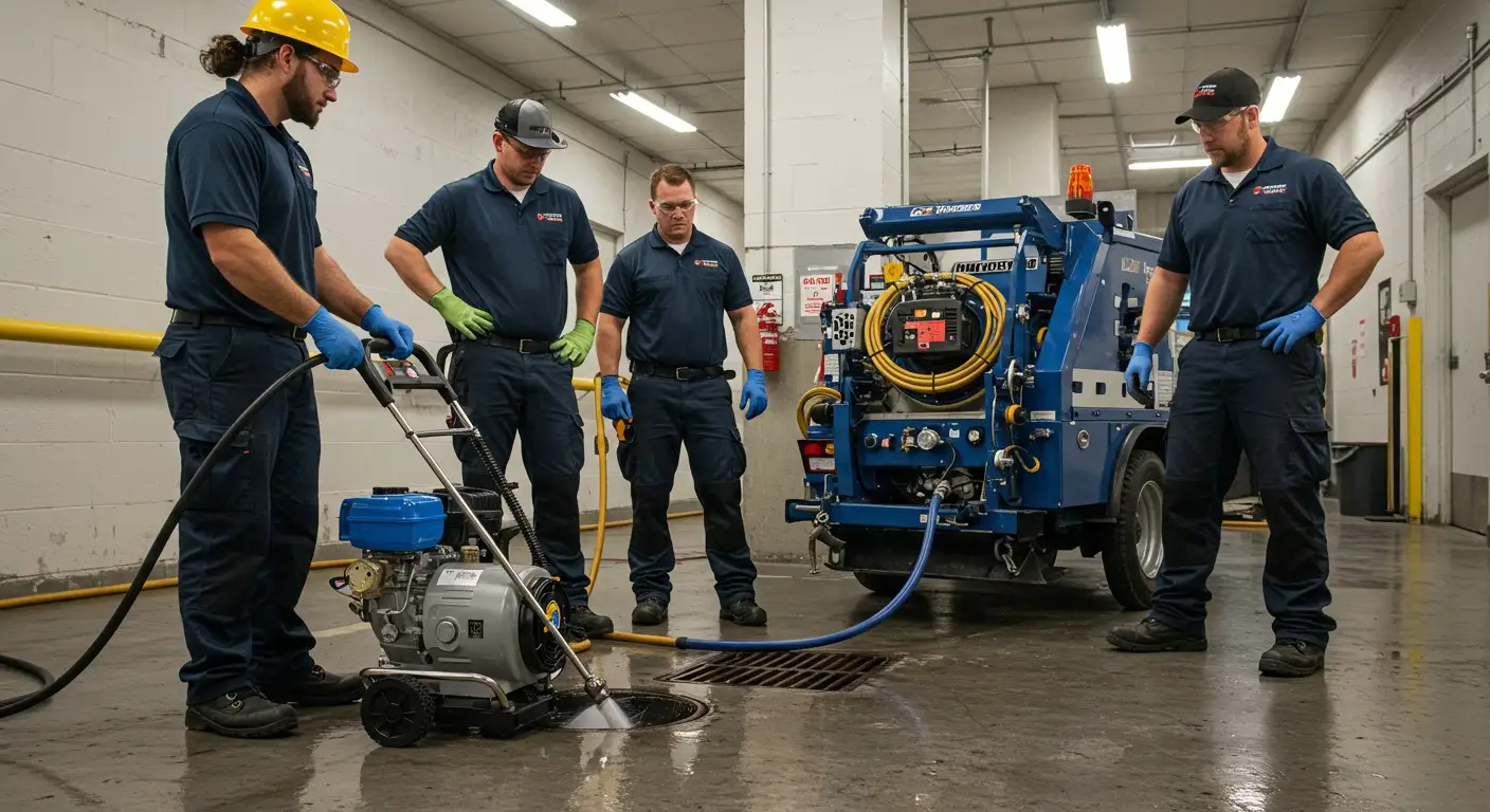 Four workers cleaning a garage floor.