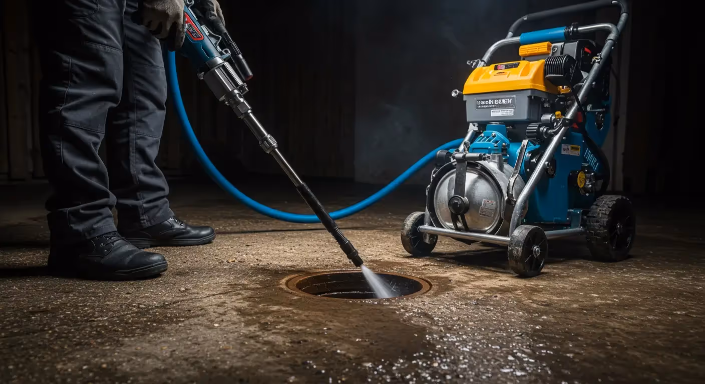 Worker using a high-pressure hose to clean a drain.