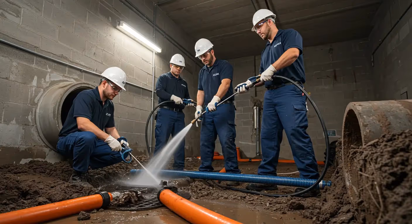 Four workers in hard hats and blue uniforms clean large pipes in a muddy concrete room using hoses. 