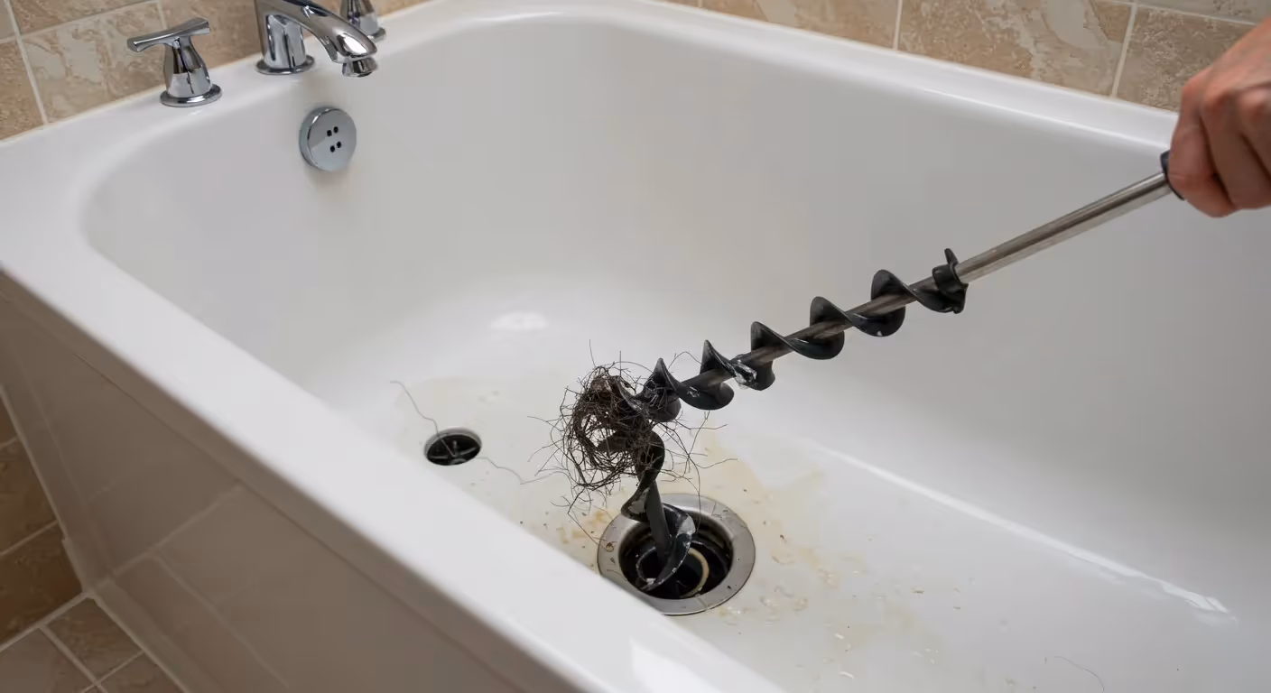 A hand uses a plumbing snake to unclog a bathtub drain, pulling up a tangled mass of hair.