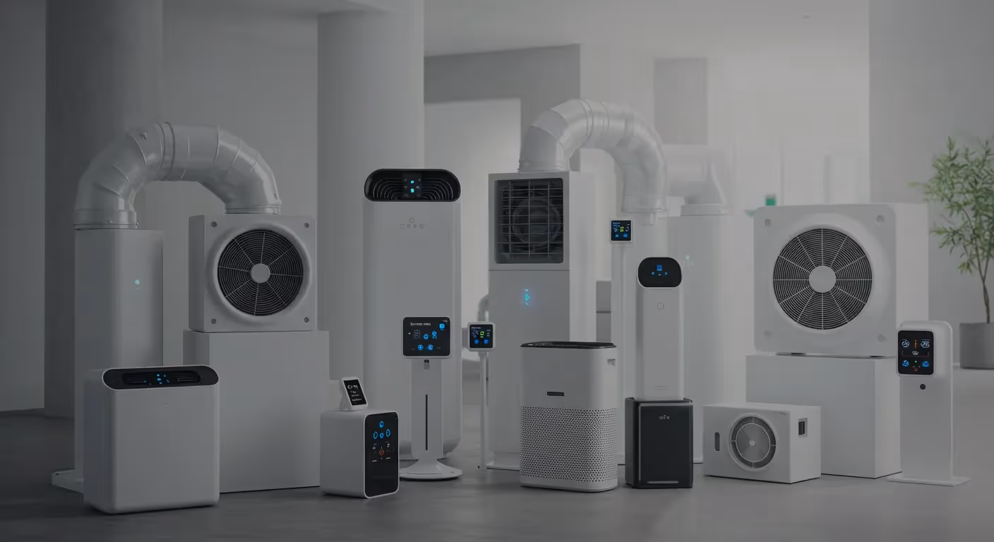  A variety of white air purifiers and ventilation units are displayed on a concrete floor in an industrial-style room.