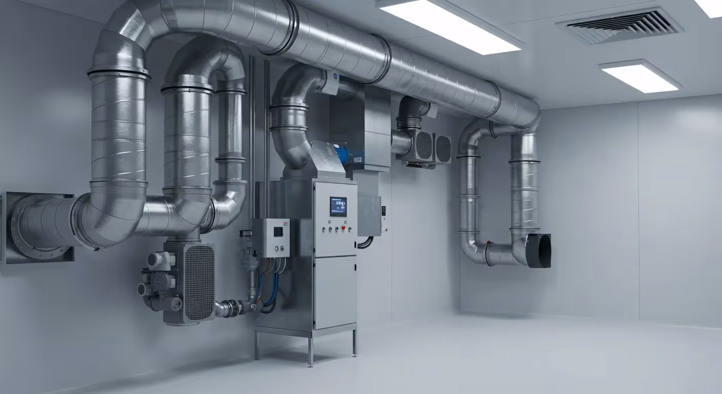  A modern, industrial room with white walls and a white floor houses a complex HVAC (Heating, Ventilation, and Air Conditioning) system. A series of large, shiny silver metal ducts and pipes run along the ceiling and walls.