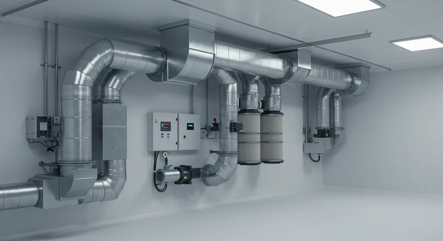  A bright, sterile-looking room with white walls and a white floor features a large, industrial ventilation system. The system is composed of an intricate network of shiny metal ducts and pipes, a control panel with a digital display, and two large cylindrical filters hanging from the ceiling. Rectangular fluorescent lights illuminate the room.