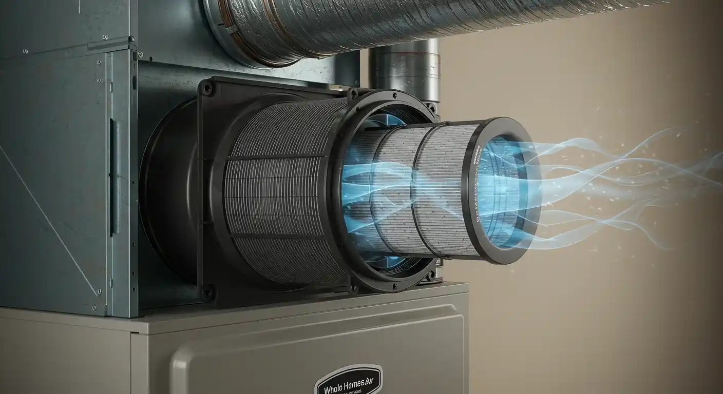 A digital rendering shows a cutaway view of a "Whole Home Air Cleaner" unit. A cylindrical filter is being pulled out, and glowing blue air, representing clean air, flows from the filter.