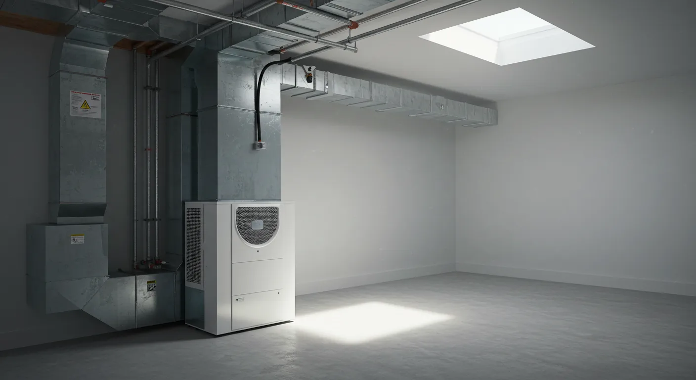 A white, modern whole-home air cleaner unit stands in a clean, minimalist room with white walls and a gray concrete floor. The unit is connected to a network of large, silver metal HVAC ducts that run along the ceiling. A square skylight is visible in the ceiling, casting a bright rectangular light on the floor.