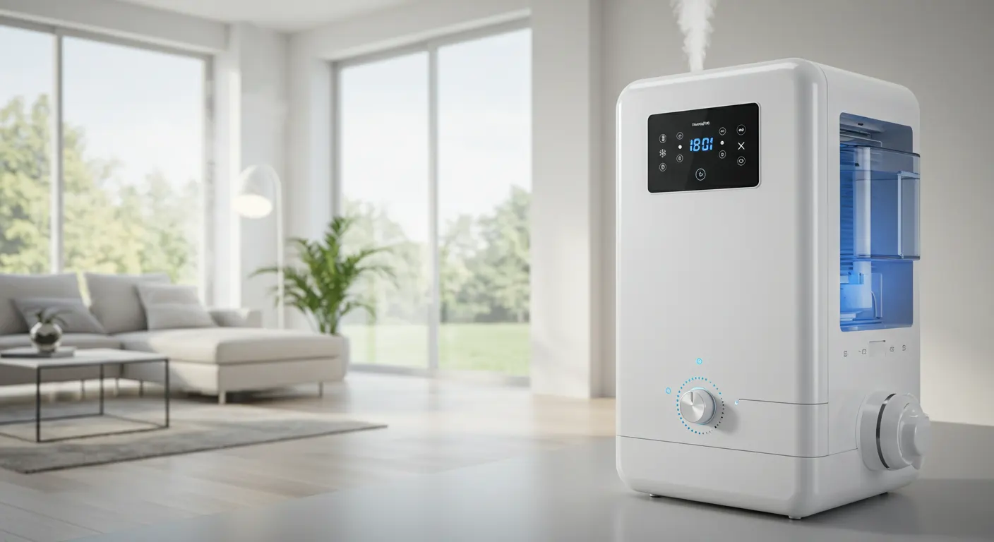  A sleek, white whole-home humidifier sits on a surface in a modern living room. The unit has a digital display, a large dial at the bottom, and a clear blue water tank. A stream of mist is coming from the top. In the blurred background, a couch and a large window looking out onto a grassy area are visible.