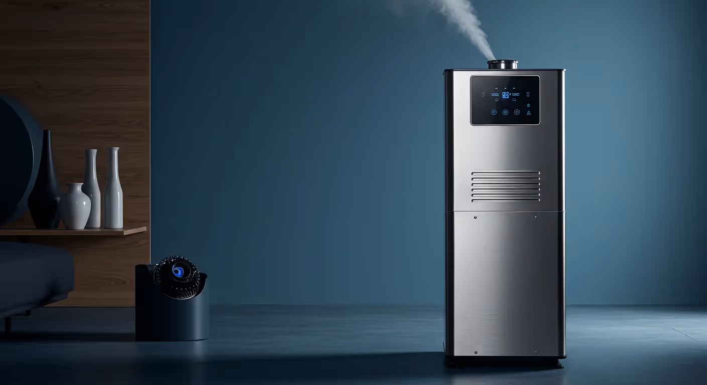  A tall, metallic, whole-home humidifier stands on a dark gray floor against a solid dark blue wall. The unit has a digital display with blue icons and a vented panel. A stream of mist is coming from the top. 
