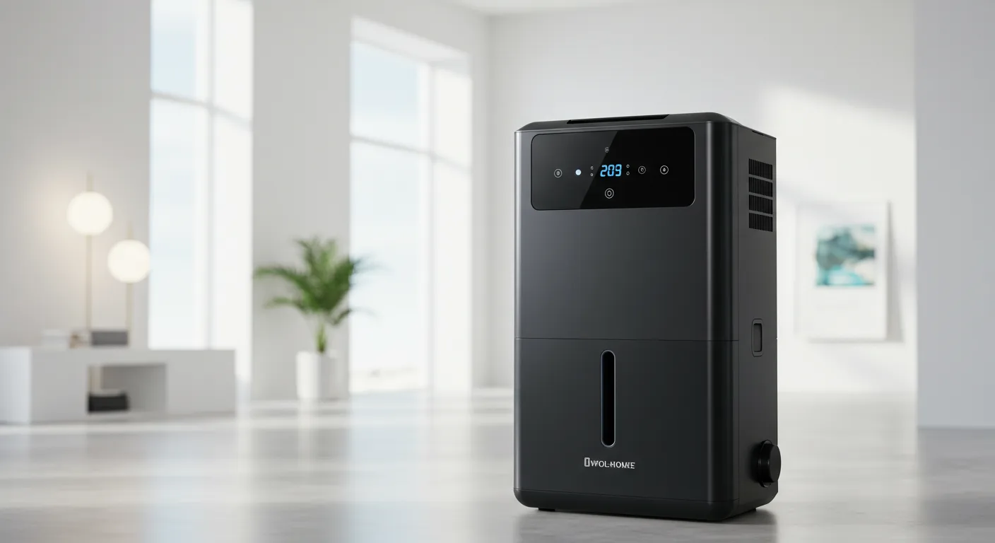  A dark gray whole-home dehumidifier sits on a floor in a modern, brightly lit room. The unit has a digital display showing "209" and a water level window with a line indicating the current level.