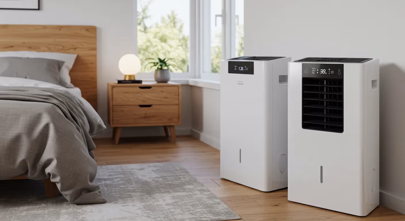 Two white, modern dehumidifiers stand side-by-side on a wooden floor in a bedroom. The one on the right has a black front grille and a digital display showing "39." The one on the left has a smaller display. Both units have a water level window at the bottom. A bed with a wooden headboard, a nightstand with a lamp, and a window with green foliage outside are visible in the background.